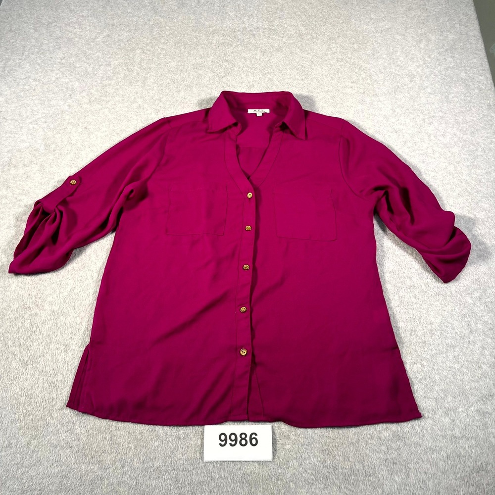 MPH Collection Shirt Womens Large Purple Roll Tab Sleeve Side Slit Button Front